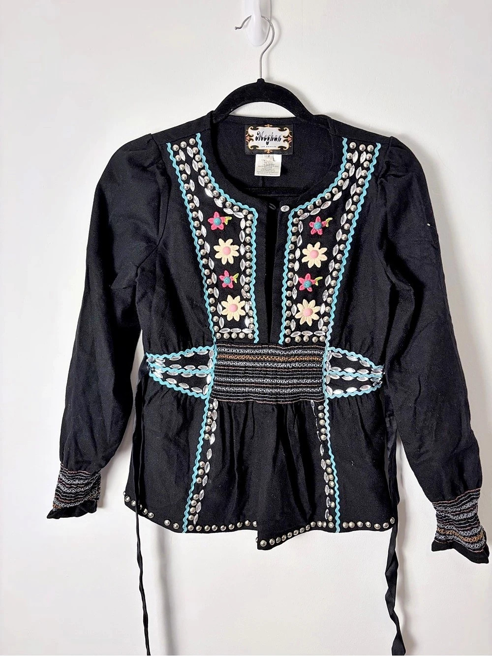 Meghan Los Angeles Black Floral Rhinestone Boho Top Size 2